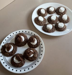 An image of two plates of chocolate cookies with marshmallows.